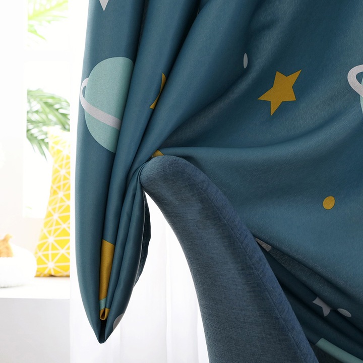 Poliészter függönyök kék rajzfilm bolygókkal, fényálló függönyök hálószobába, nappaliba (2 db)