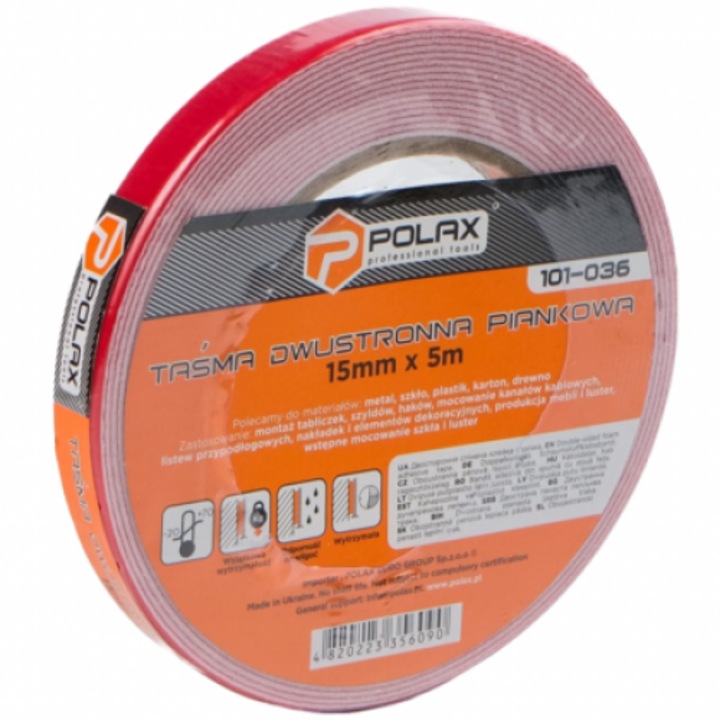 Banda dublu adeziva Polax, 15mm x 5m, alba, utilizare interioara