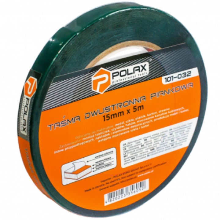 Banda dublu adeziva din spuma Polax, 15mm x 5m, neagra