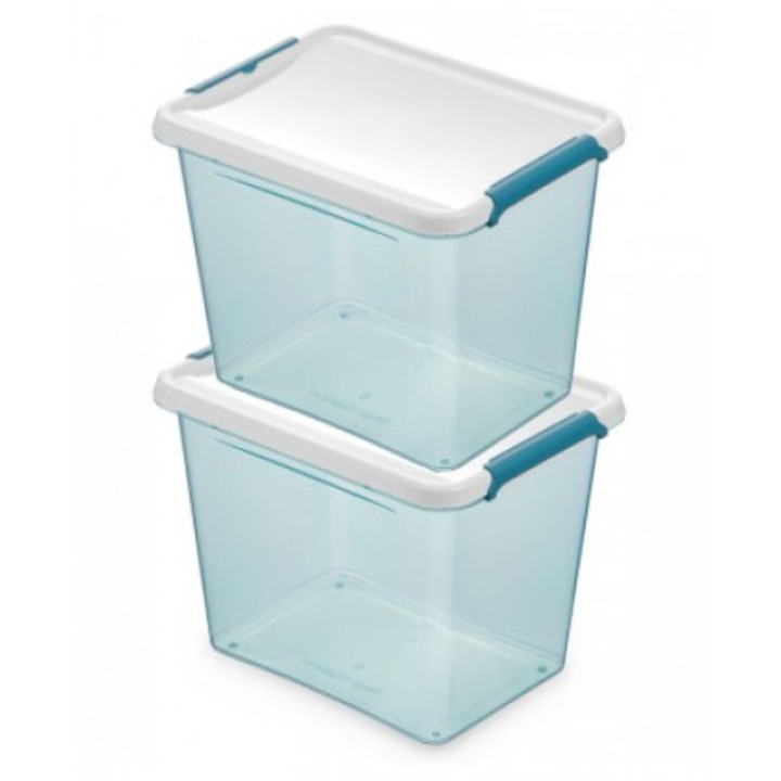 Set 2 caserole, Moxom Arctic, transparent cu capac alb si clipsuri albastre, 2x2.5L, 195x150x135mm