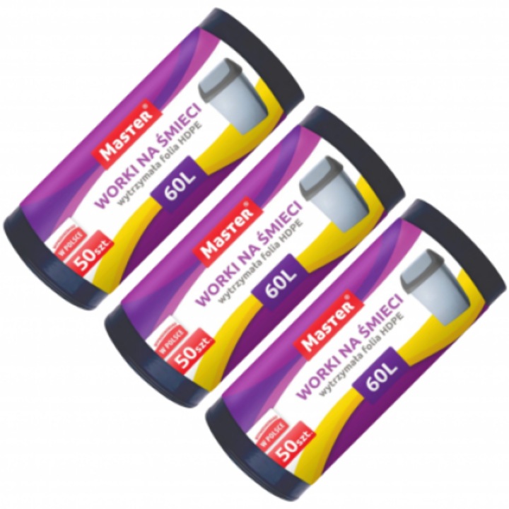 3 tekercs szemeteszsák készlet, Master, HDPE, 60 L, 150 db, Fekete