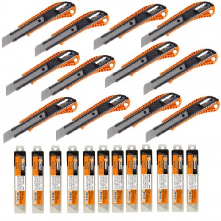 Set 12 cuttere cu blocare automata, 18 mm, 12 lame de rezerva 18 mm, Polax