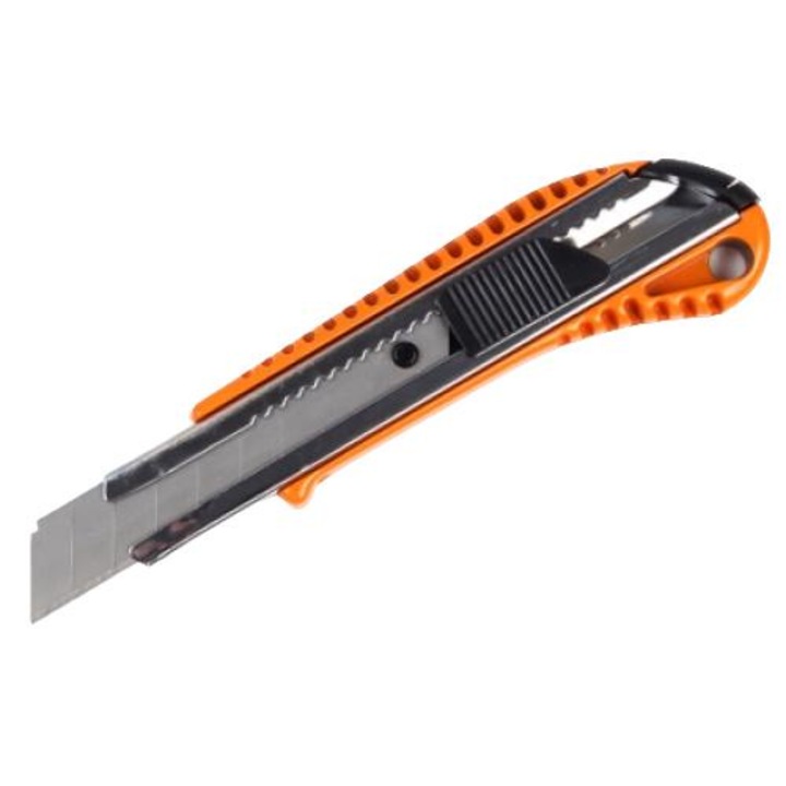 Fémvágó, Polax, cink ötvözet, automatikus zár, 18 mm-es penge, fekete/narancs