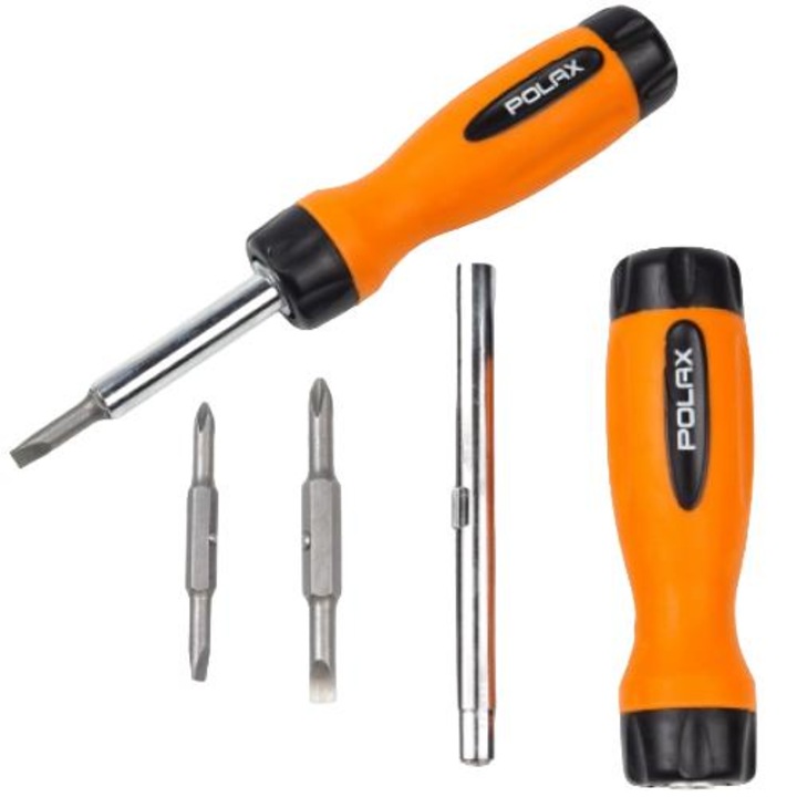 Csavarhúzó bitekkel, Polax, Króm-vanádium acél / Gumi, 4 db, Többszínű