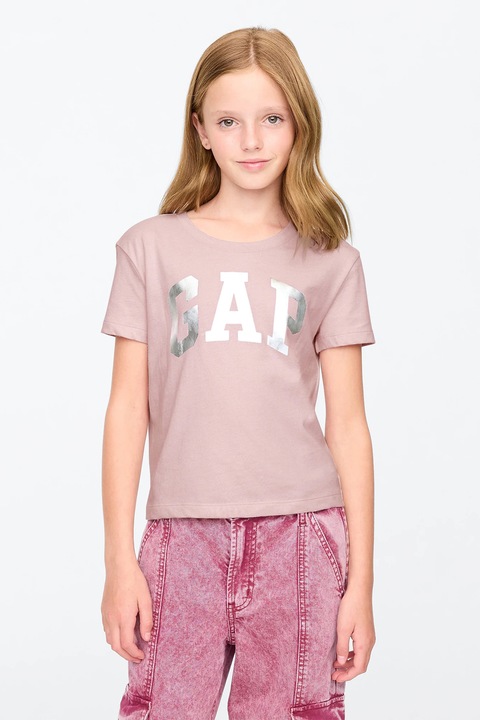 GAP, Tricou din bumbac cu imprimeu logo, Roz prafuit/Argintiu