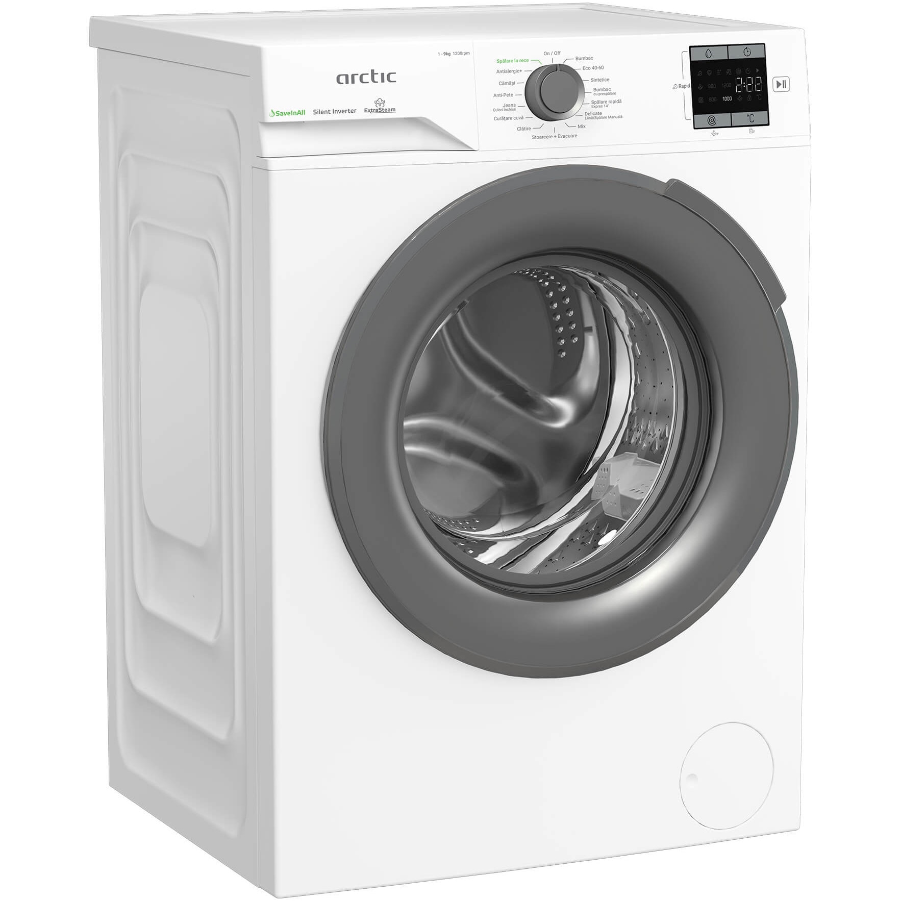 Masina de spalat rufe Arctic APLM1WFSU19210WG, 9 Kg, 1200 RPM, Motor Silent Inverter, Drum Clean+Steam, Child Lock, Anticrease, Digital Display, Add-In, Clasa A, Gri