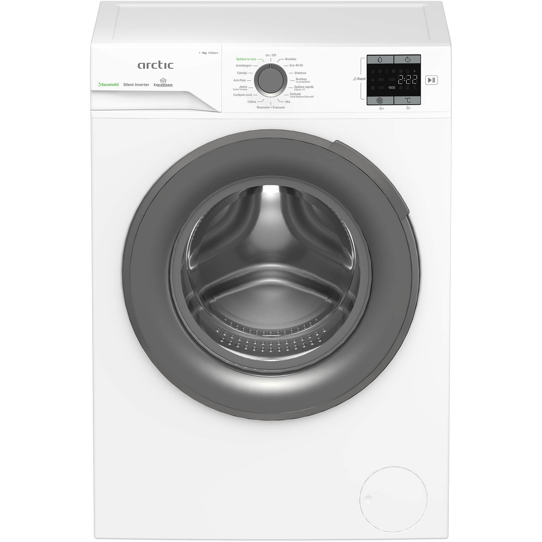Masina de spalat rufe Arctic APLM1WFSU19210WG, 9 Kg, 1200 RPM, Motor Silent Inverter, Drum Clean+Steam, Child Lock, Anticrease, Digital Display, Add-In, Clasa A, Gri
