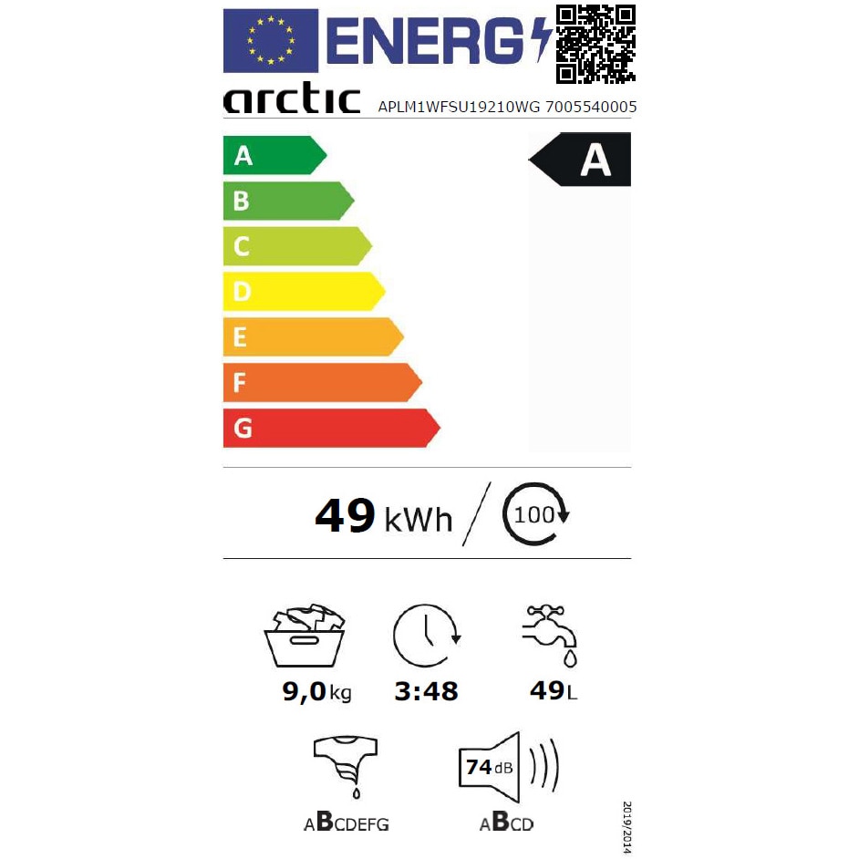 Masina de spalat rufe Arctic APLM1WFSU19210WG, 9 Kg, 1200 RPM, Motor Silent Inverter, Drum Clean+Steam, Child Lock, Anticrease, Digital Display, Add-In, Clasa A, Gri