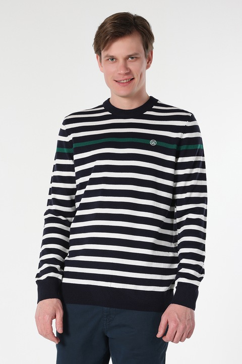 COLIN'S, Pulover tricotat fin, cu dungi si decolteu la baza gatului, Alb/Verde/Albastru ultramarin