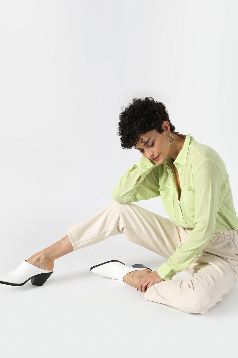 COLIN'S, Pantaloni de bumbac cu talie inalta, Alb fildes, 38-L36