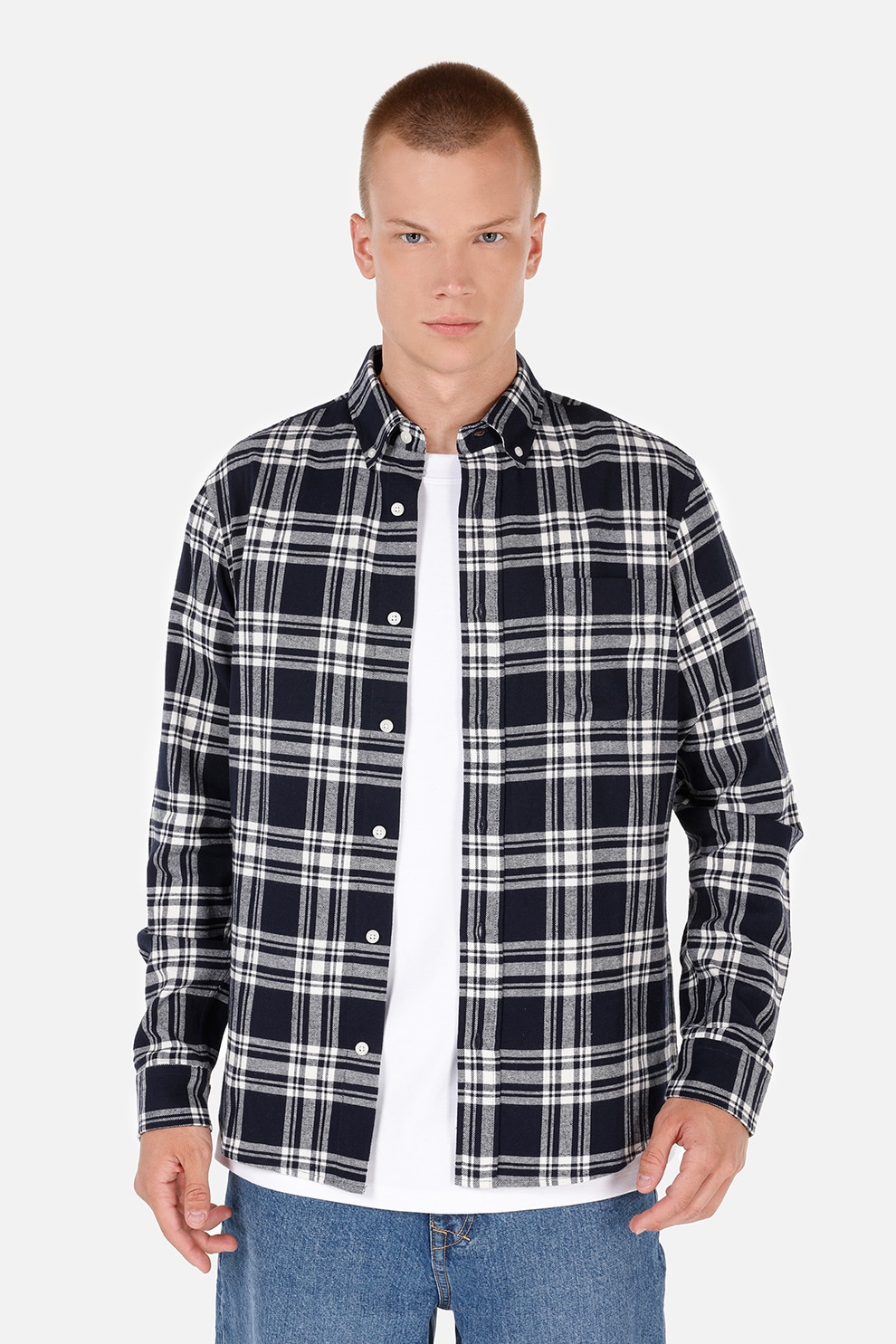 COLIN'S, Camasa din bumbac cu model in carouri, Alb, Bleumarin, S