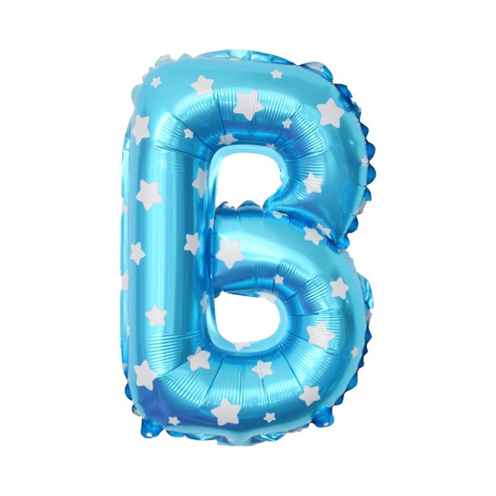 Fólia Lufi Fém Betű B, 40 cm, Csillagmintás, Felfújható Héliummal vagy Levegővel, Egyedi Csomagolás, Szívószál mellékelve, Kék