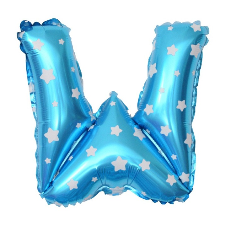 Fólia Lufi Fémbetű W, 40 cm, Csillagmintás, Felfújható Héliummal vagy Levegővel, Egyedi Csomagolás, Szívószál mellékelve, Kék