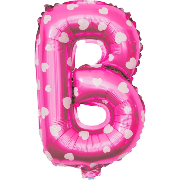 Fólia Lufi Fémhatású B Betű, Danex, 40 cm, Szívecskés Mintával, Héliummal vagy Levegővel Fújható, Egyedi Csomagolás, Szívószál mellékelve, Rózsaszín