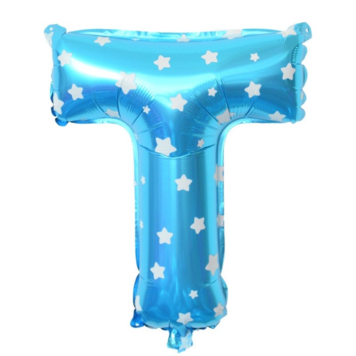 Fólia Lufi, Fémhatású, T betű, 40 cm, Csillag Mintás, Fújható Héliummal vagy Levegővel, Egyedi Csomagolás, Szívószál Mellékelve, Kék