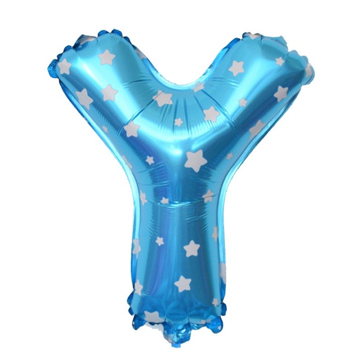 Fólia Lufi Fémhatású Y Betű, 40 cm, Csillagmintás, Héliummal vagy Levegővel Fújható, Egyedi Csomagolás, Szívószál mellékelve, Kék
