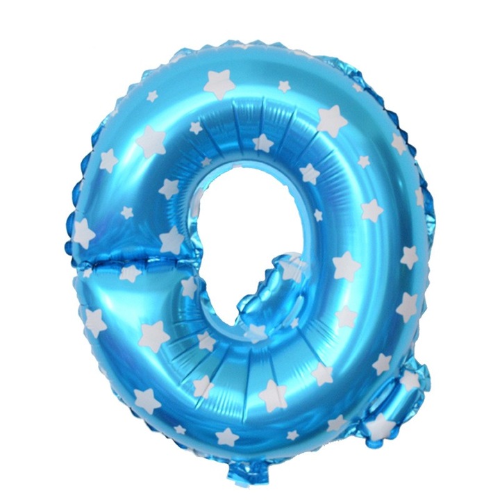 Fólia Lufi Fémbetű Q, 40 cm, Csillagmintás, Héliummal vagy Levegővel Felfújható, Egyedi Csomagolás, Szívószál Mellékelve, Kék