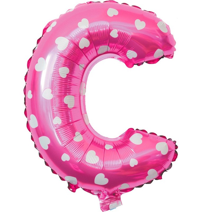 Balon Folie Metalizata Litera C, Cyrax, 40 cm, Cu Imprimeu Inimioare, Umflati cu Heliu sau Aer, Ambalaj Individual, Pai inclus, Roz