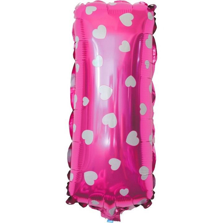 Fólia Lufi Fémhatású I betű, Danex, 40 cm, Szívecskés Mintával, Héliummal vagy Levegővel Fújható, Egyedi Csomagolás, Szívószál mellékelve, Rózsaszín