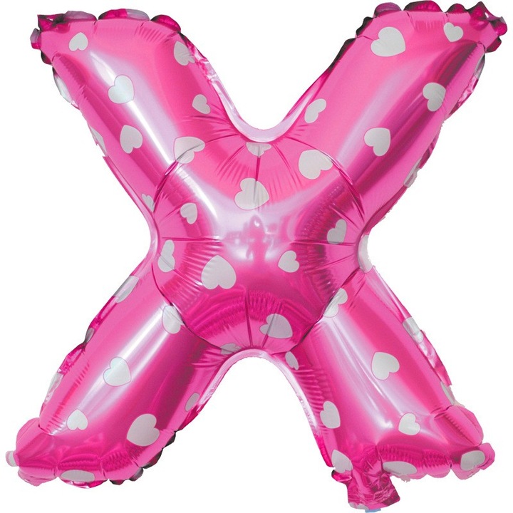 Fólia Lufi Fémhatású X Betű, Danex, 40 cm, Szív Mintával, Héliummal vagy Levegővel Fújható, Egyedi Csomagolás, Szívószál mellékelve, Rózsaszín