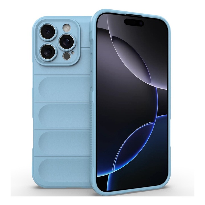 Mikroszálas szilikon puffer tok Apple iPhone 16 Pro készülékhez, Optim Solution, Katonai szintű ellenállás, Ujjlenyomat-mentes, Rugalmas TPU, Ergonomikus kialakítás, Kék