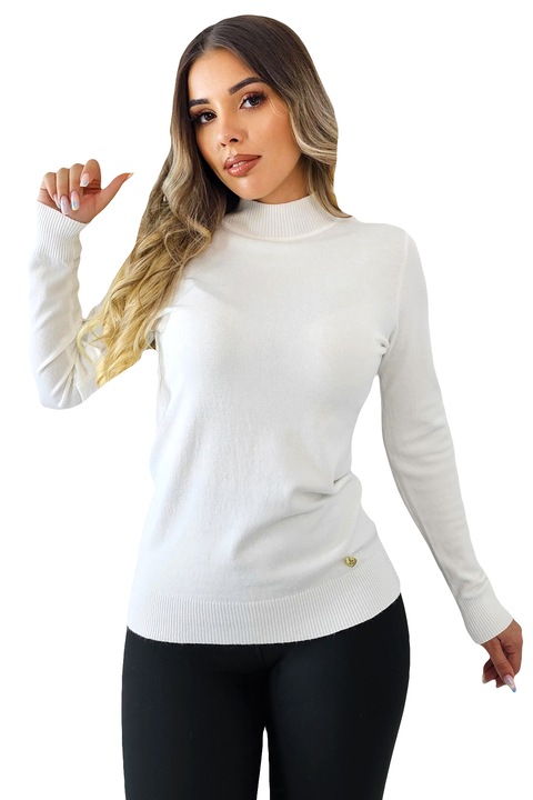 Pulover pe gat Rona, cu bumbac si casmir, Alb, Marime universala S/M, FashionForYou