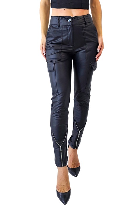 Pantaloni de dama din piele eco, Marsia, buzunare laterale si fermoare, Negru