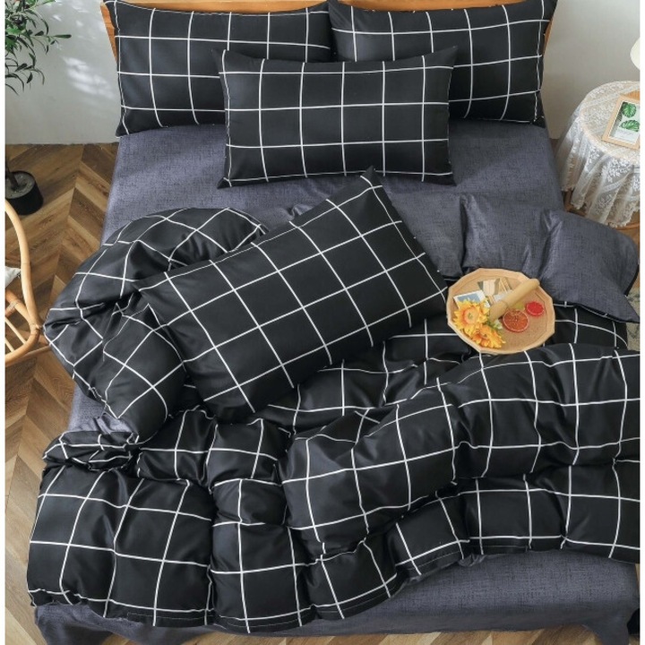 Lenjerie de Pat, Reversibil, Cearsaf cu Elastic, Finet Patratele, 1 Persoana, 4 Piese, 140x200cm, Gri Inchis-Alb