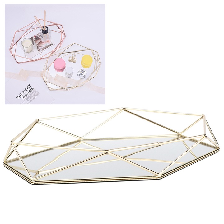 Ékszertároló tálca, Longziming, fém, arany, 27,5x18,5x4cm