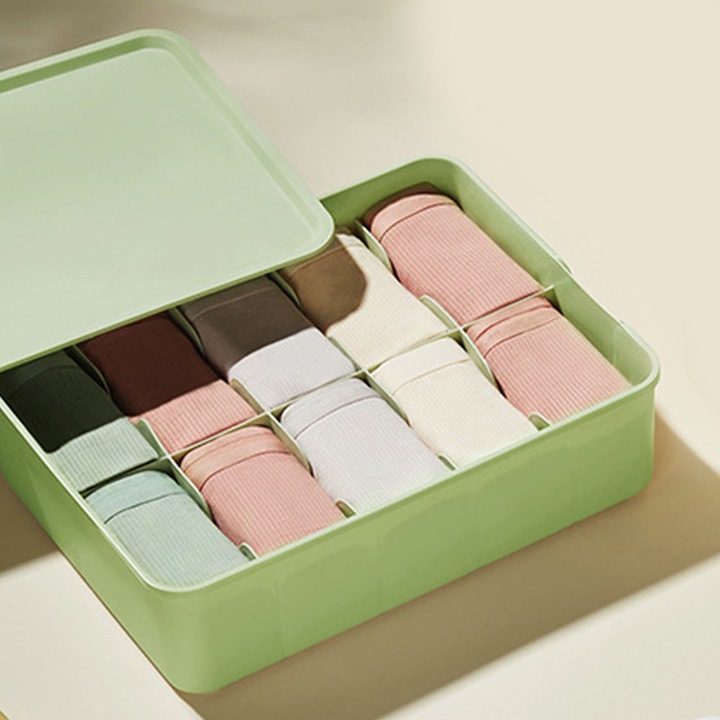 Zokni tárolódoboz, Jormftte, műanyag, 30x23cm, fedeles kialakítás, zöld