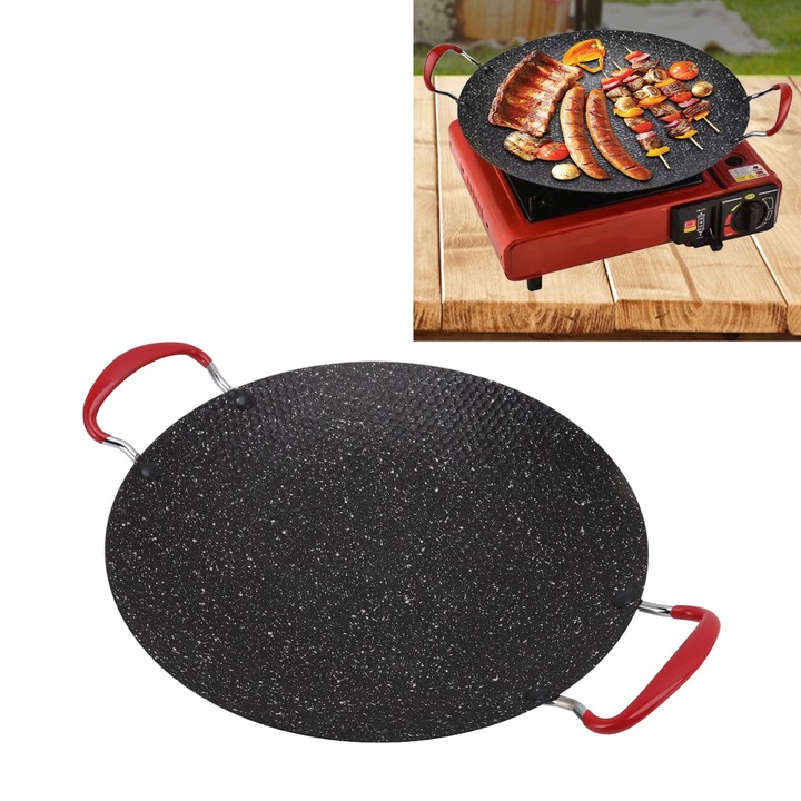 Jormftte grill serpenyő, vas és orvosi kő, 34 cm, BBQ-hoz, tapadásmentes, kerek