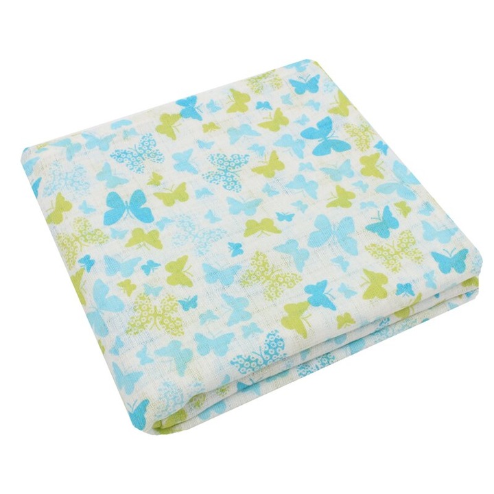 Scutec muselina bumbac, Butterfly turcoaz, 80x70 cm, multicolor