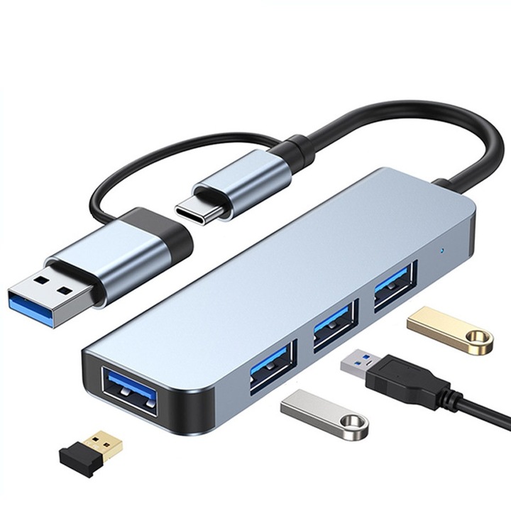 Адаптер, 4n1, хъб, многопортов, USB-C/USB, високоскоростен, сребрист