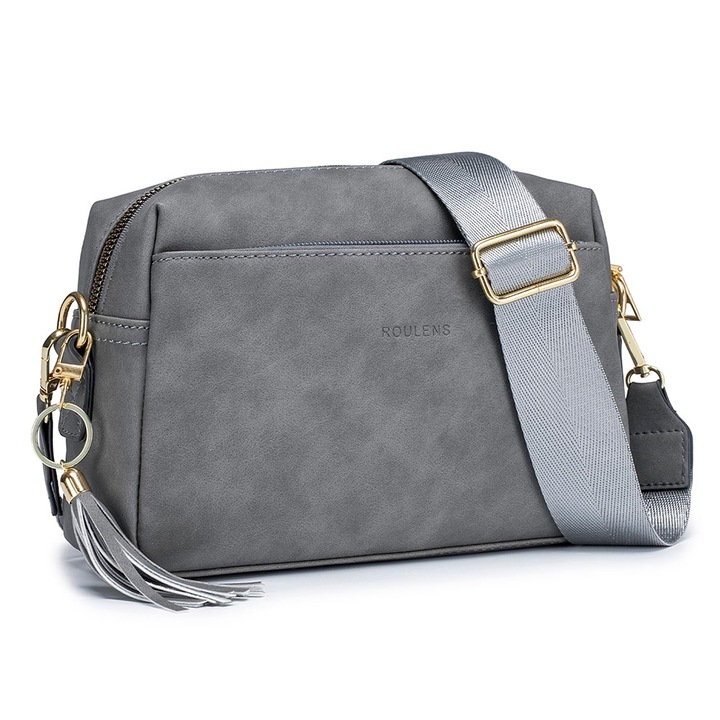 Jormftte női válltáska, vegán bőr, 3 cipzáros rekesz, állítható pánt, fekete szín.