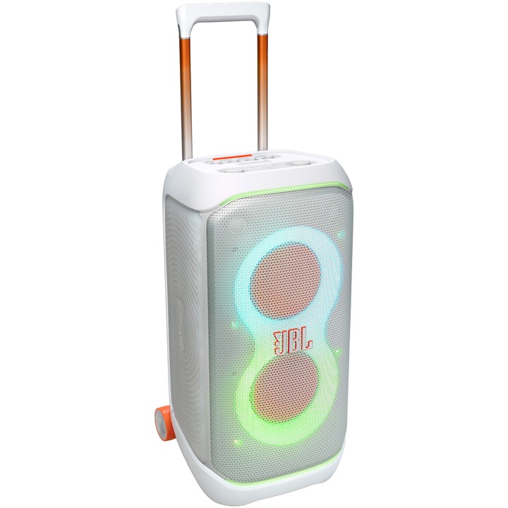 Преносима аудио система JBL Partybox Stage 320, 240W RMS, Подвижна батерия, IPX4, Auracast, AI Sound Boost, Бял