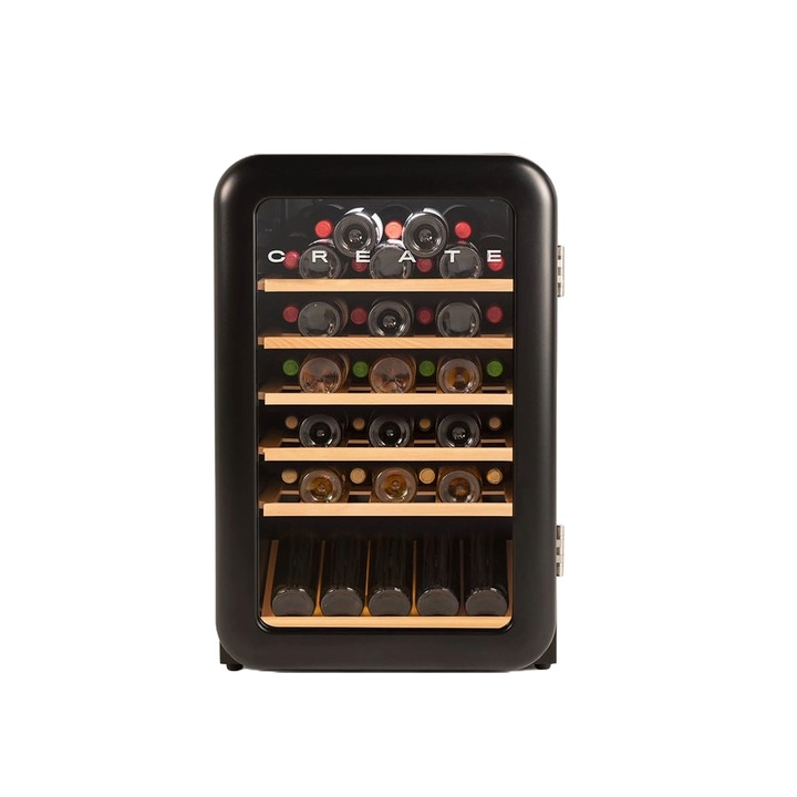 Racitor de vin Retro CREATE, H 83.5 cm, 45 sticle, pentru baruri/magazine/hoteluri/rezidential, 1 zona temperatura, panou de control digital, temperatura reglabila, racire ventilata, 6 rafturi din lemn, lumina interioara LED, negru
