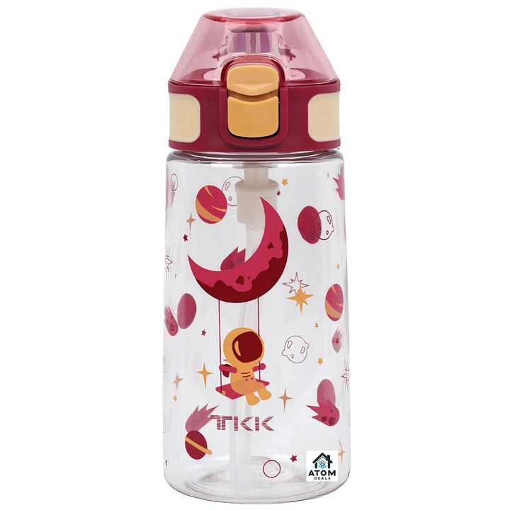 Бутилка за вода за малки деца ATOM DEALS®️, 450 ml, Tritan BPA Free, с капачка против разливане и силиконова сламка, елегантен дизайн, идеална за детска градина, къмпинг, пътуване, подарък, междузвездно червено