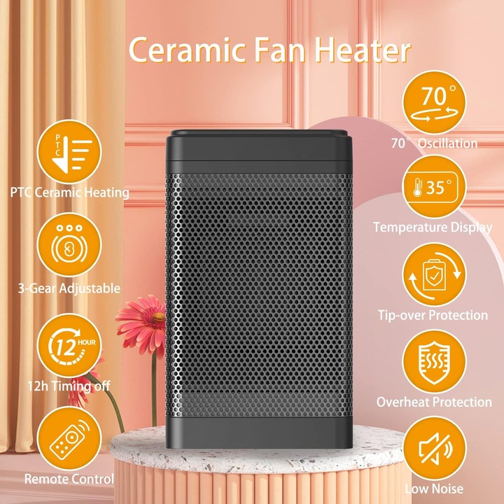 Ventilátoros fűtőtest, 1500 W, kerámia, termosztáttal, távirányítóval, túlterhelésvédelemmel, 12 órás, készlet