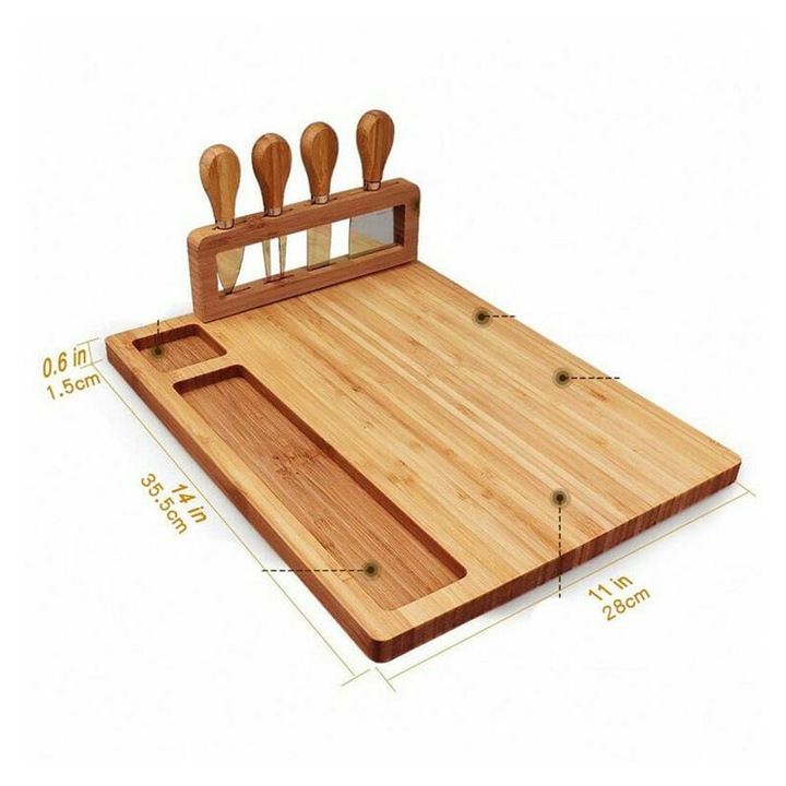 Tava pentru branzeturi AMRINUGL, din lemn masiv, cu sertare ascunse magnetice, cu 4 cutite din otel inoxidabil, 14''x11'', bej