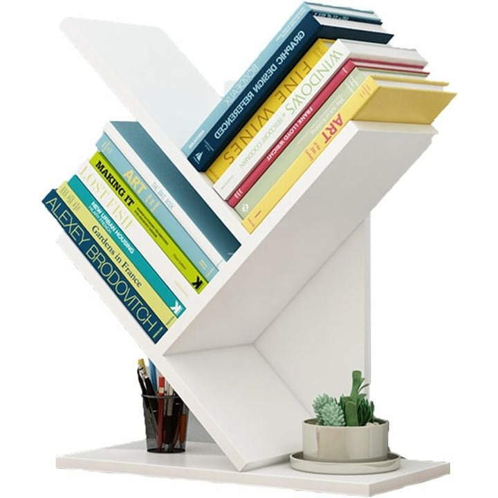 Biblioteca in forma de copac, Enforose, design compact, structura robusta, alb, 31x17x40.5cm