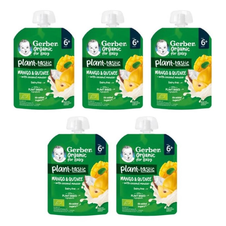 Комплект пюре-палч за бебета, GERBER Organic, Манго и дюля с кокосов мус, от 6-ия месец, 5 бр.х 80g