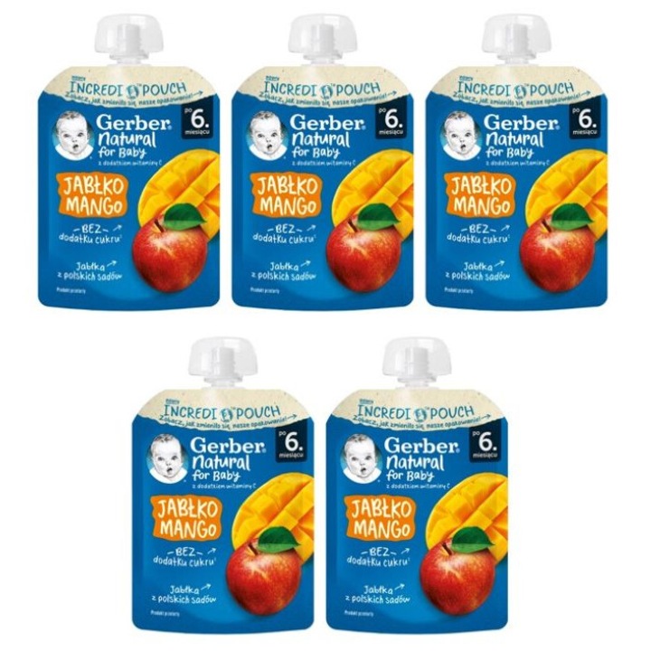 Комплект пауч - пюре за бебета, GERBER, ябълка и манго, от 6-ия месец, 5 бр.х 80g