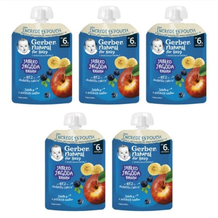 Комплект пауч - пюре за бебета, GERBER, Ябълка, боровинка и банан, от 6-ия месец, 5 бр.х 80g