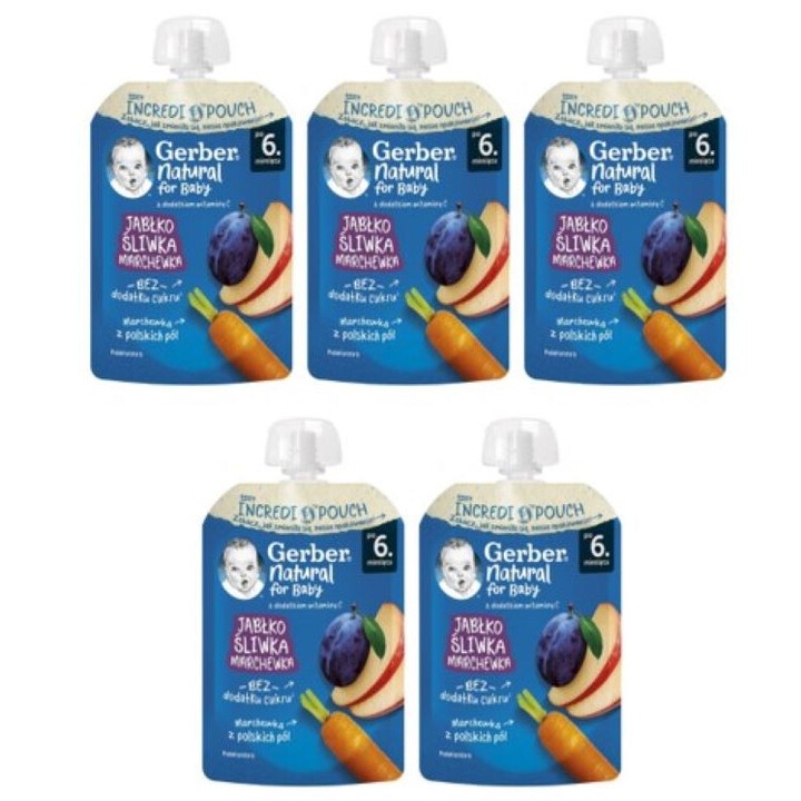 Комплект пауч - пюре за бебета, GERBER, Ябълка, слива и морков, от 6-ия месец, 5 бр.х 80g