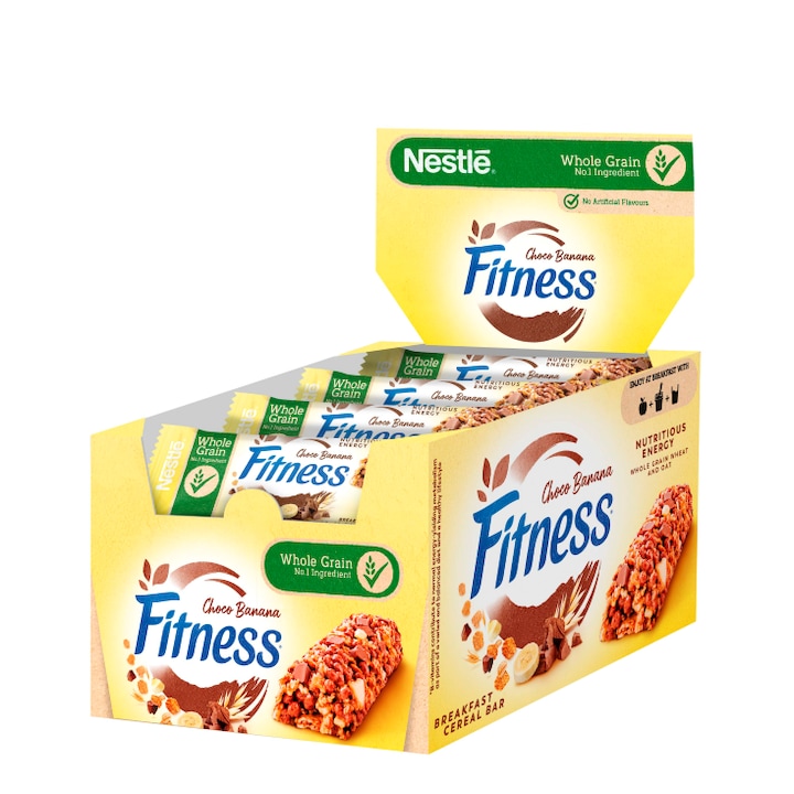 Кутия зърнени десерти, NESTLE FITNESS, Шоколад и Банан, 16 бр. х 23.5g