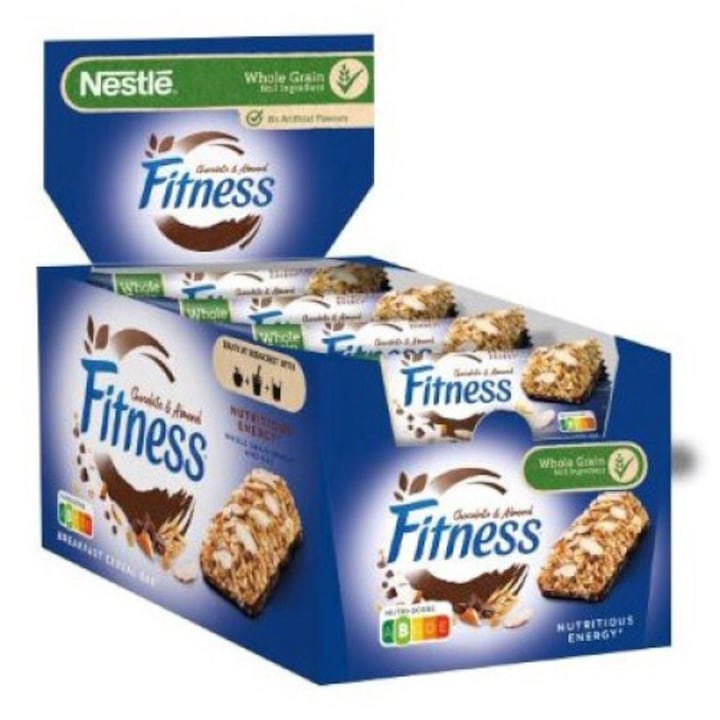 Кутия зърнени десерти, NESTLE FITNESS, Черен шоколад и бадем, 16 бр. х 23.5g