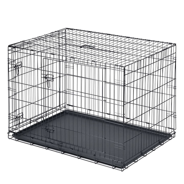 Cusca pentru caini DacEnergy©, otel vopsit cu pulbere, tava detasabila din plastic, 2 intrari, marimea S, pliabila, cu maner, 75, 5 x 47, 5 x 54 cm, negru