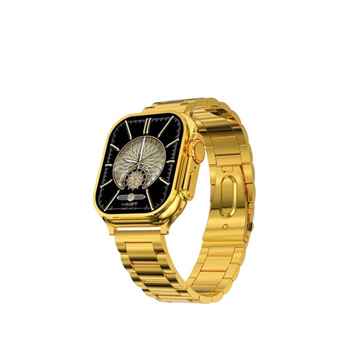 Ceas Smartwatch EDAR, Model 24K Gold S9 Ultra Max, Carcasa Titaniu, Inteligent, Fitness, Rezistent Apa, Smart, Notificari, Wireless, Microfon, Curea Metalica, 2 Bratari Incluse, Auriu