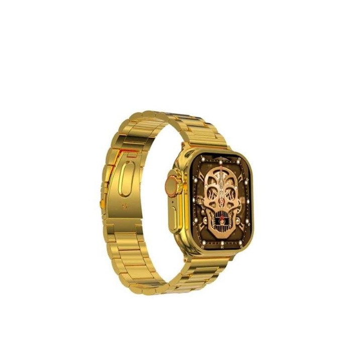 Ceas SIKS Smartwatch, Model 24K Gold S9 Ultra Max, Titanium Case, Inteligent, Fitness, Sport, Rezistent Apa, Smart, Notificari, Wireless, Apel Bluetooth, Microfon HD, Curea Metalica, 2 Bratari Incluse, Auriu