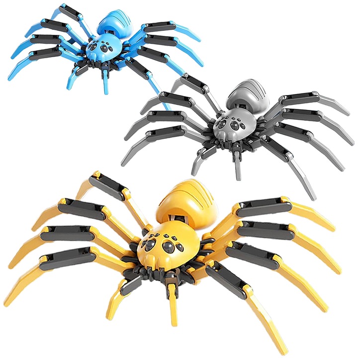 Set 3 robot paianjen cu ventuza, Yingyun®, Mai multe articulatii pentru a se misca si roti, Jucarii educative pentru copii asamblate DIY, Galben/Albastru/Gri